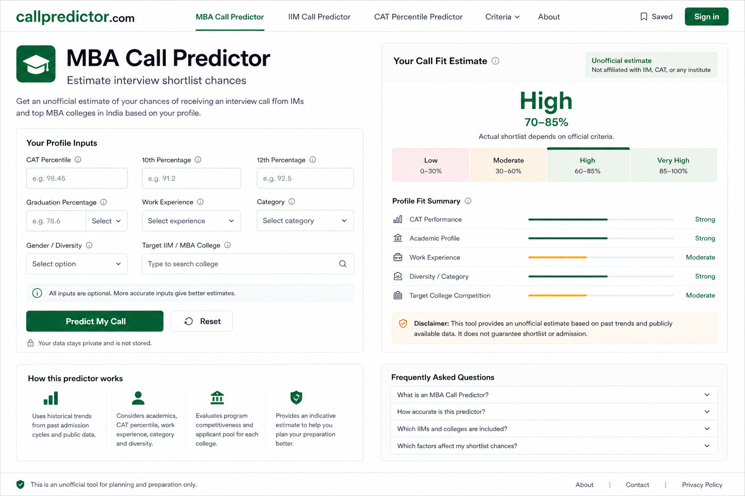 callpredictor.com homepage predictor interface visual reference
